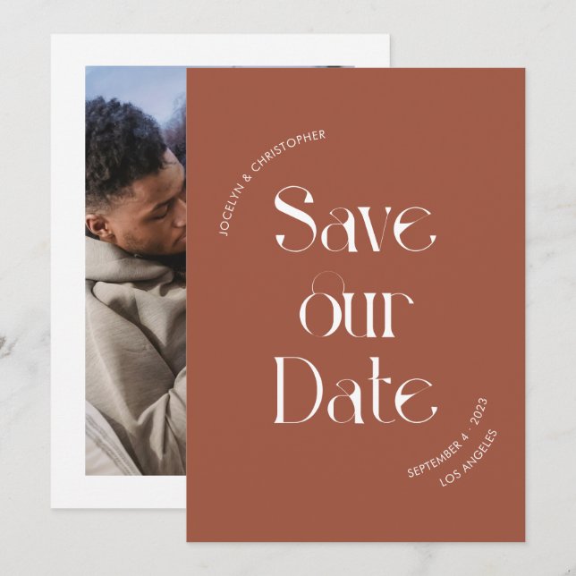 Save The Date Typographie Unique Et Design Photo Terracotta (Devant / Derrière)
