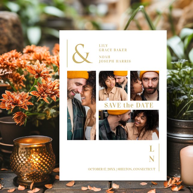 Save The Date Ultra Moderne Tendance Blanc & Or 4 Photos Multipl (Ultra Modern Trendy White & Fake Gold 4 Multi Photos Collage Save the Date Card with Envelope.)