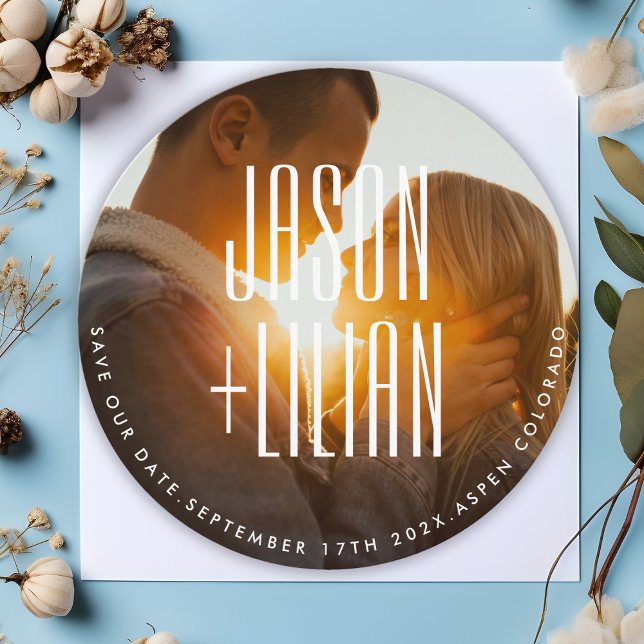 SAVE THE DATE ULTRA SIMPLE LIVRE NOMS PHOTO RONDE QR CODE RSVP (Créateur téléchargé)