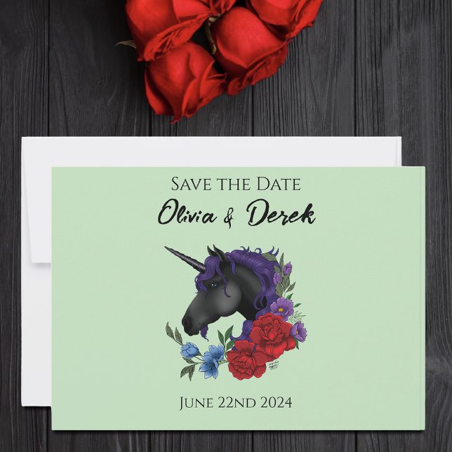 Save The Date Unicorne noire violet Fleurs de Sage Rouge (Créateur téléchargé)