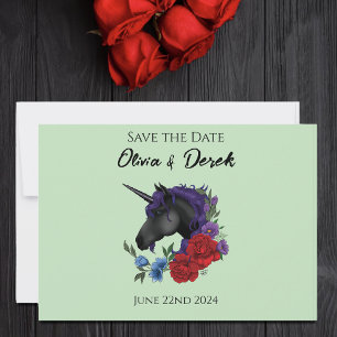 Save The Date Unicorne noire violet Fleurs de Sage Rouge