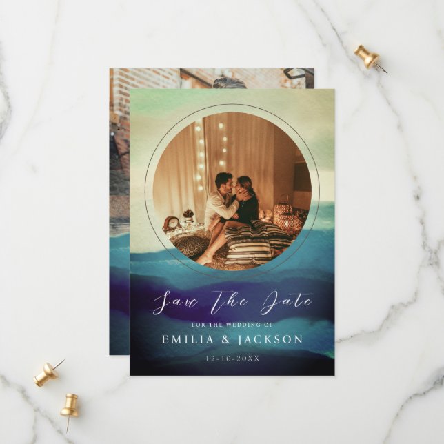 Save The Date Unique 2 Photos Marine Blue Abstrait Overlay (Devant/Arrière en situation)