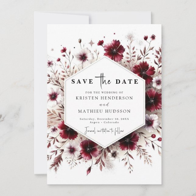 Save The Date Unique Boho Burgundy Mariage (Devant)