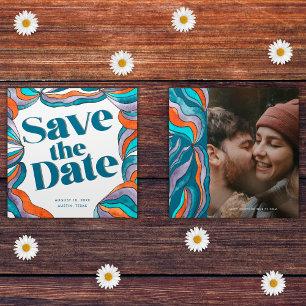 Save The Date Unique Bold Boho Super Retro Blue Wavy Photo