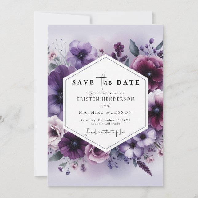 Save The Date Unique classique violet Mariage floral (Devant)