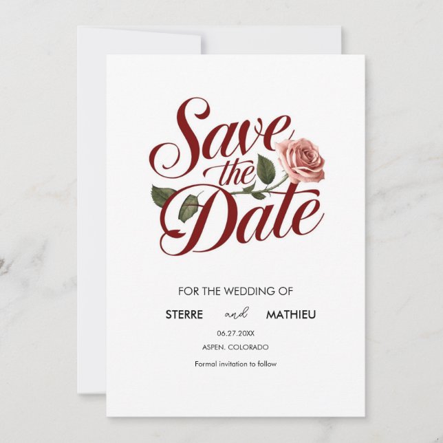Save The Date Unique Mariage botanique de rose rouge (Devant)
