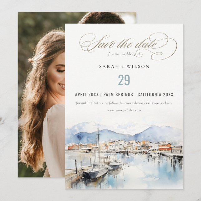 Save The Date Ushuaia, Argentina Watercolor Scape Wedding Photo (Devant / Derrière)