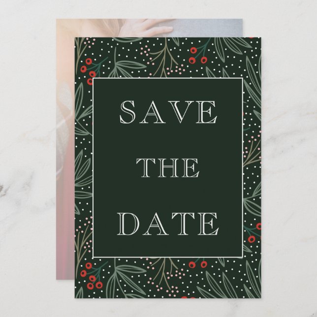 Save The Date Vacances Holly Berry Verdure Faux Vellum Photo (Devant / Derrière)