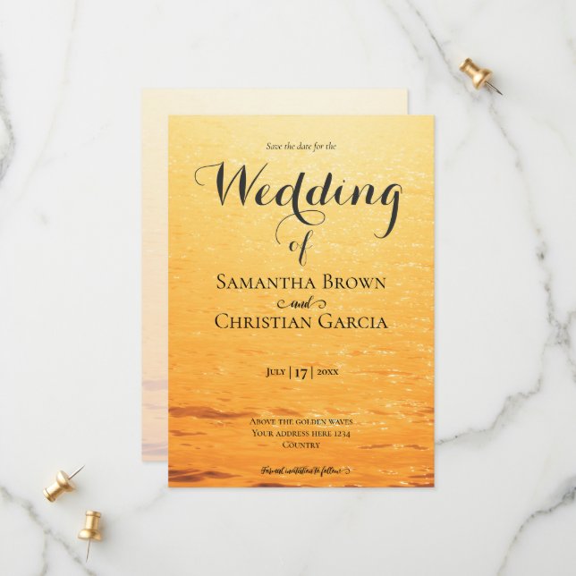 Save The Date Vagues de mer orange doré de mariage d'été (Devant/Arrière en situation)