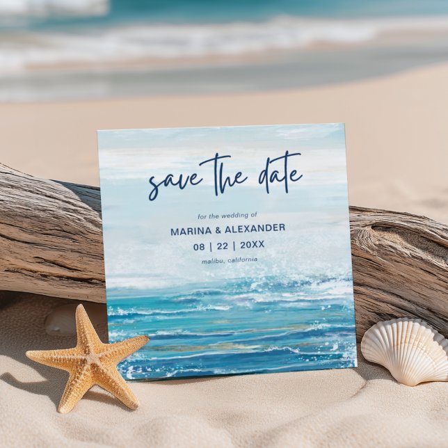 Save The Date Vagues de plage bleu marine Mariage côtier (Créateur téléchargé)