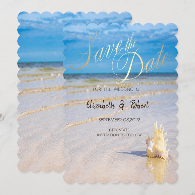 Save The Date Vagues de Plage Coquillage La Date (Devant / Derrière)