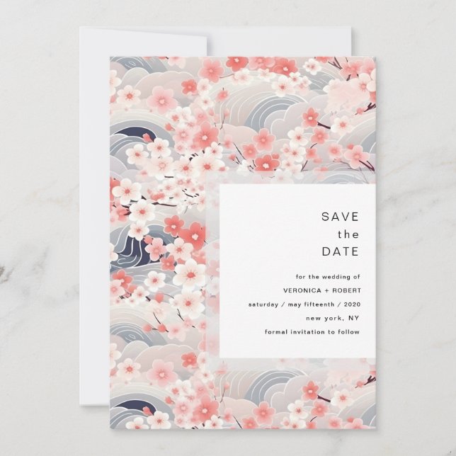Save The Date Vagues de rose saumon Fleur de cerisier Mariage mo (Devant)