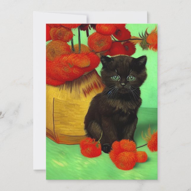 Save The Date Van Gogh Black Kitten Fleurs rouges (Devant)