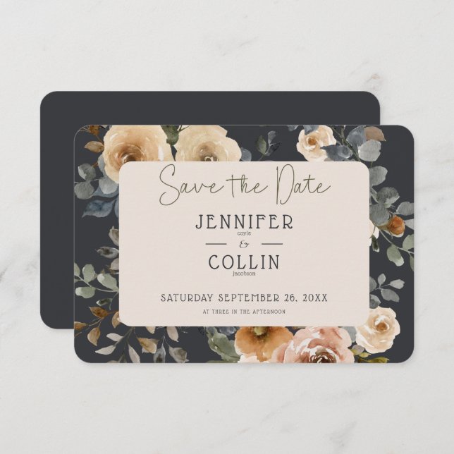 Save The Date Vanilla White Boho Rose Mariage bleu (Devant / Derrière)