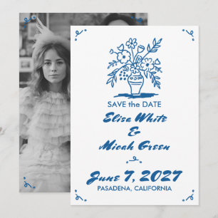 Save The Date Vase Floral Rustique Fantaisiste Esquisse Bleu Pho