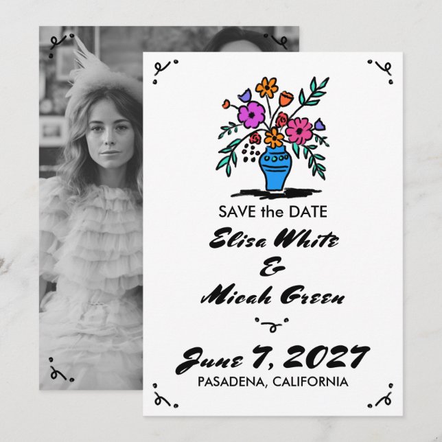 Save The Date Vase Floral Rustique Fantaisiste Jolie Esquisse Ph (Devant / Derrière)