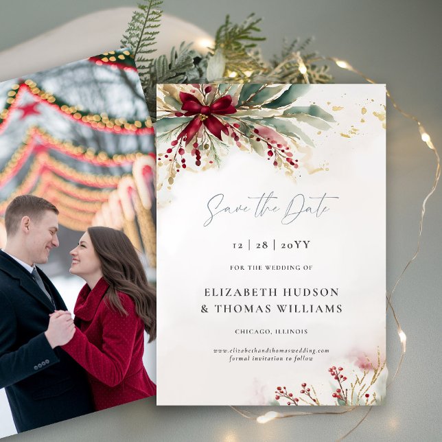 Save The Date Végétation d'hiver Noël Mariage de la Bow rouge (winter wedding save the date christmas bow greenery berries watercolor elegant modern photo template)