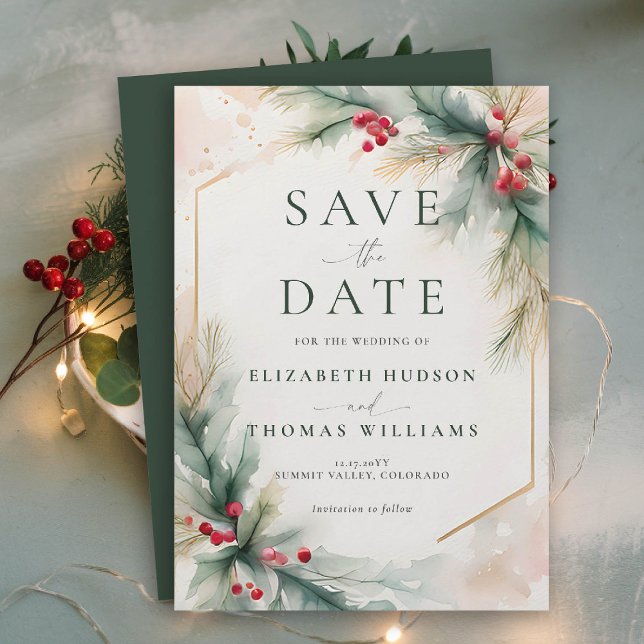 Save The Date Végétation d'hiver Noël Rouge Mariage élégant (winter christmas wedding save the date romantic modern watercolor greenery berries holly spruce)