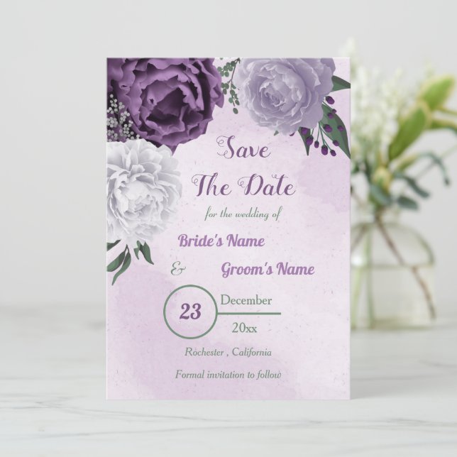 Save The Date végétation fleurie violette et blanche (Debout devant)