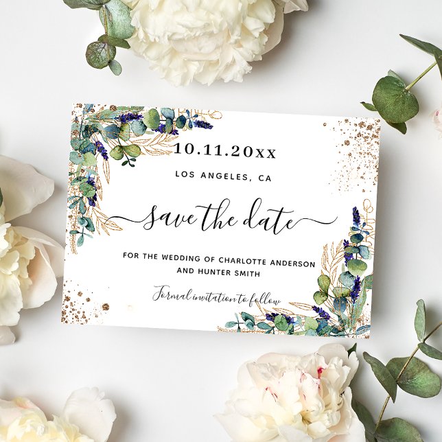 Save The Date végétation mariage d'eucalyptus feuille or blanc (Créateur téléchargé)