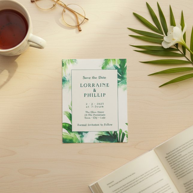Save The Date Végétation tropicale Élégante feuillage botanique (Tropical Greenery Elegant Botanical leafy Save The Date.)
