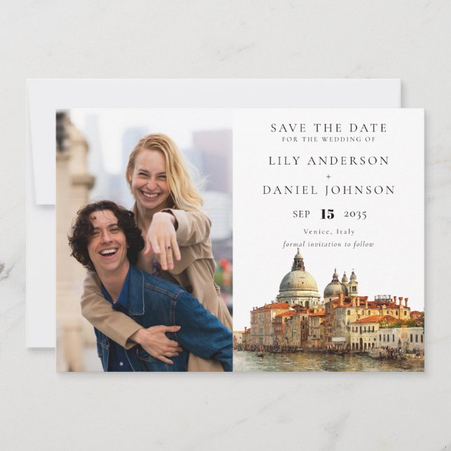 Save The Date Venice Skyline Watercolor Photo Wedding (Devant)
