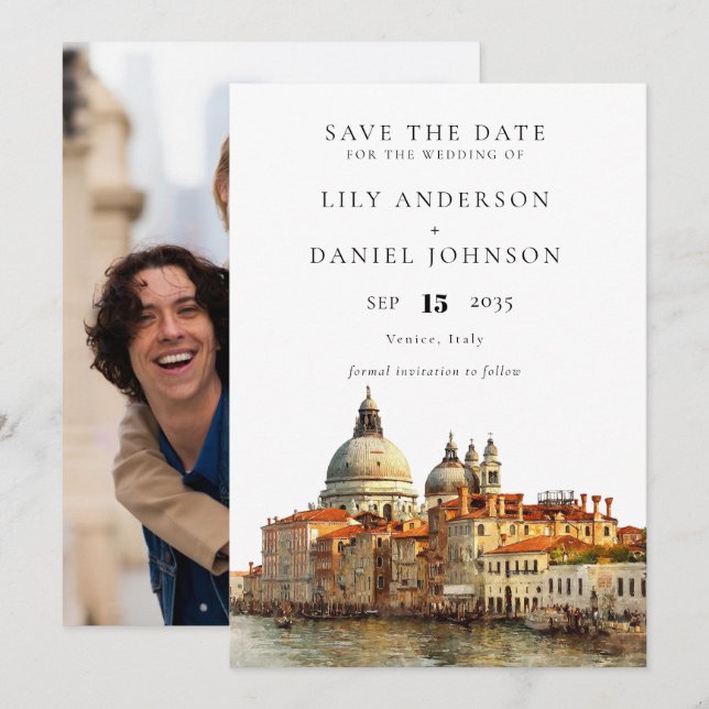 Save The Date Venice Skyline Watercolor Photo Wedding (Devant / Derrière)