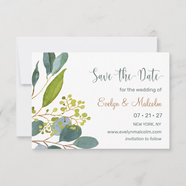 Save The Date Verdure aquarelle, eucalyptus Enregistrer la date (Devant)