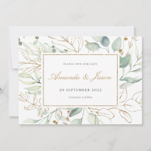 Save The Date Verdure Aquarelle Eucalyptus Gold Foliage Rustique