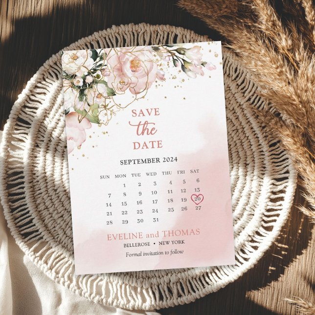 Save The Date Verdure dorée rose et or floral brillant (Blush pink and gold floral greenery gold sparkles save the date)