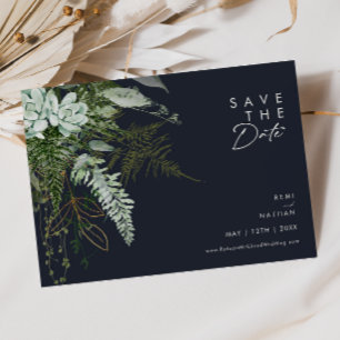 Save The Date Verdure et feuille d'or Script Dark Navy Horizonta