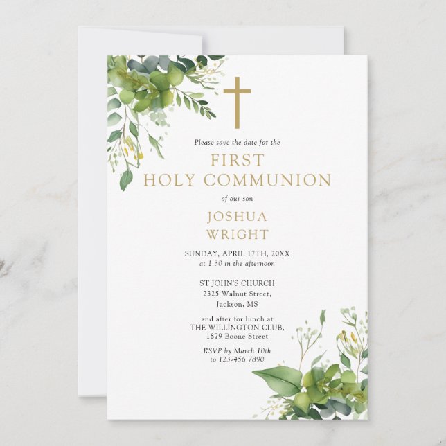 Save The Date Verdure Floral Monogramme Première Communion saint (Devant)