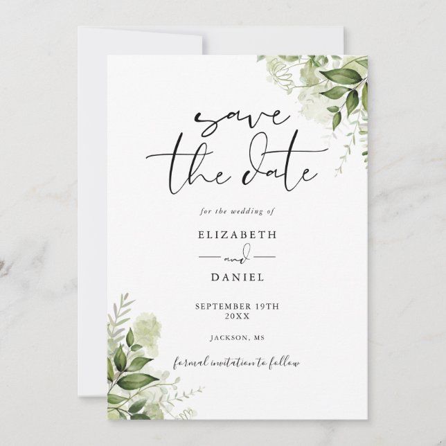 Save The Date Verdure rustique Floral Élégant Mariage photo (Devant)