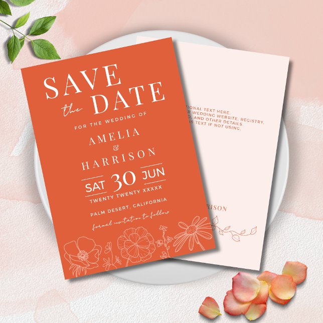 Save The Date Verona Sunset Bright Orange Élégant Mariage Floral (Verona Sunset Bright Orange Floral Wedding Save the Date with Line Art, Optional Text on Back.)