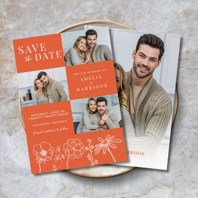 Save The Date Vérone coucher de soleil Elégant Floral Four Photo ( Verona Sunset Elegant Floral 4 Photo Wedding Save the Date, Line Art, 3 front photos, 1 on back.)