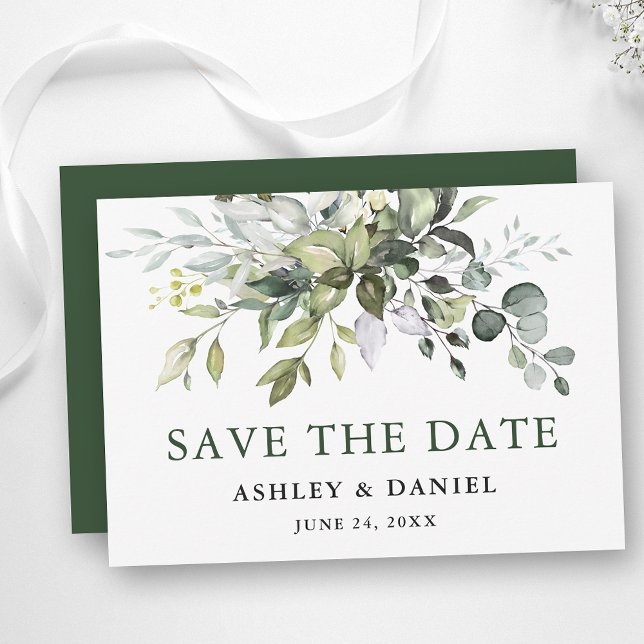 Save The Date Vert aquarelle moderne (Customize to change text color, style, add text & photos to back or change color of back of card.)