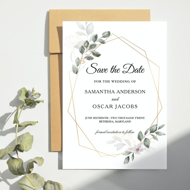 Save The Date Vert doux aquarelle cadre feuille & fleur (Créateur téléchargé)