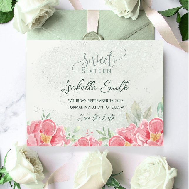 Save The Date Vert doux et rose Parties scintillant Floral Sweet (Créateur téléchargé)
