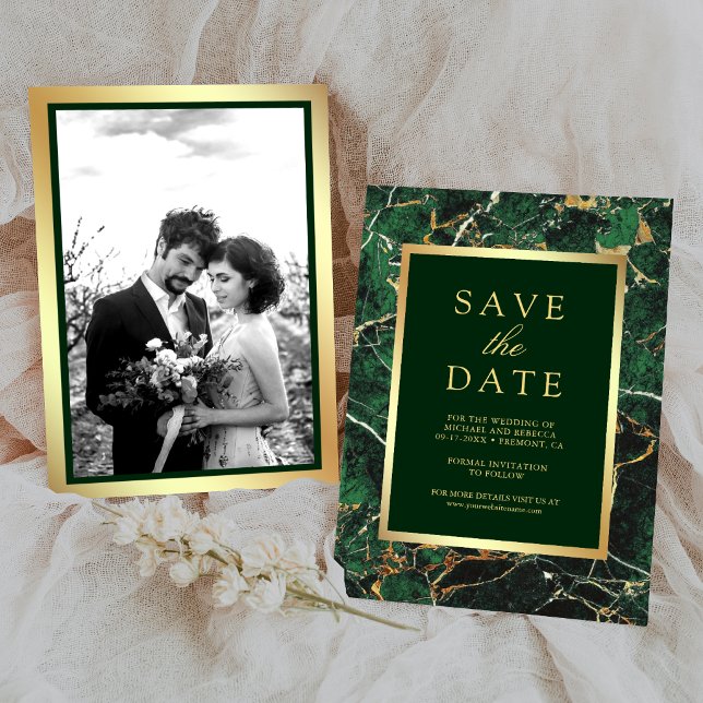 Save The Date Vert émeraude Marbre Or Photo Mariage (Créateur téléchargé)