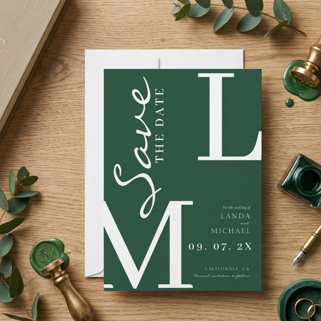Save The Date Vert émeraude stylé monogramme de mariage (Créateur téléchargé)