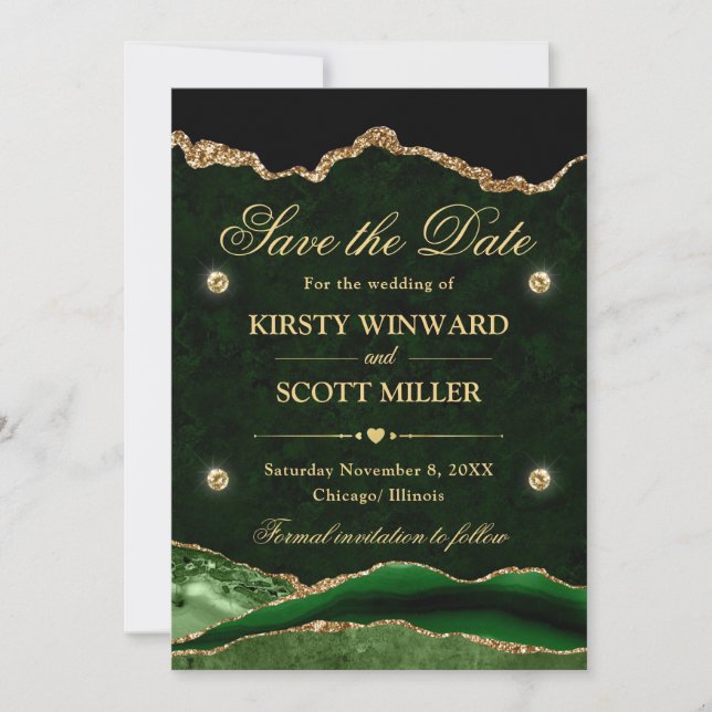 Save The Date Vert et Or  Marbre Pailleté Agate Date à Sauvegard (Devant)