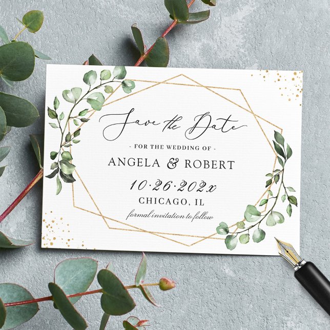 Save The Date Vert Eucalyptus Feuille Gold Confetti géométrique (Créateur téléchargé)
