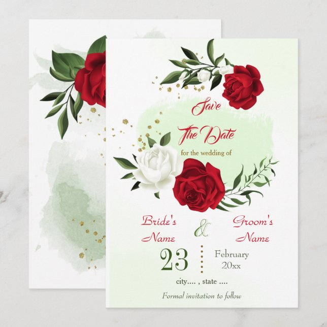 Save The Date vert floral blanc rouge (Devant / Derrière)