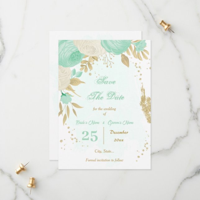 Save The Date vert menthe fleurs blanches or floral (Devant/Arrière en situation)