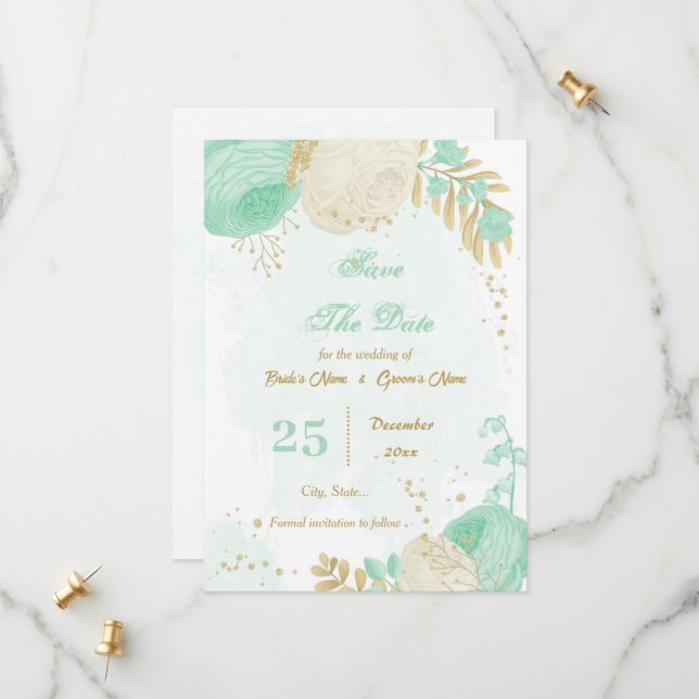 Save The Date vert menthe fleurs blanches or floral (Devant/Arrière en situation)