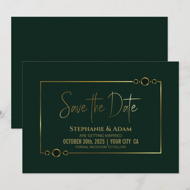 Save The Date Vert moderne avec cadre or Mariage Enregistrer la  (Devant / Derrière)