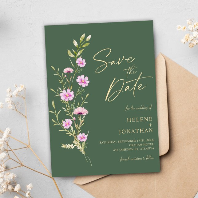 Save The Date Vert moderne Rustique Élégant Mariage Fleur sauvag (Green Modern Rustic Elegant Wildflower Wedding Save The Date)