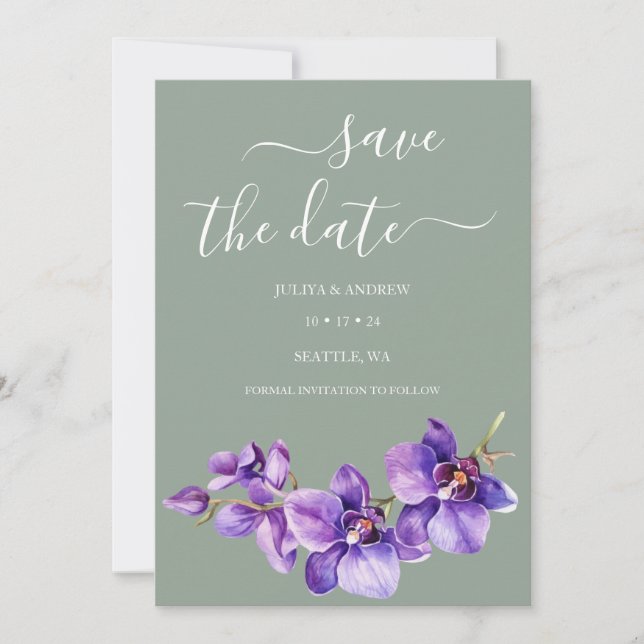 Save The Date Vert saga avec fleur orchidée unique mariage (Devant)