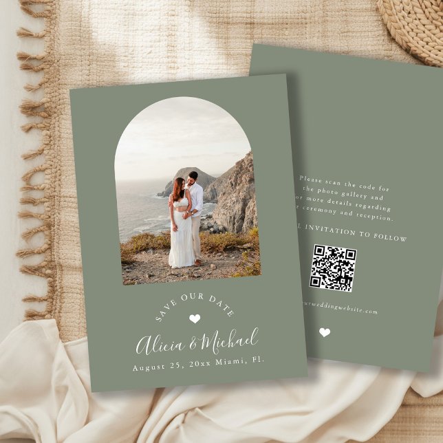 Save The Date Vert sauge boho arche moderne code QR photo mariag (Créateur téléchargé)