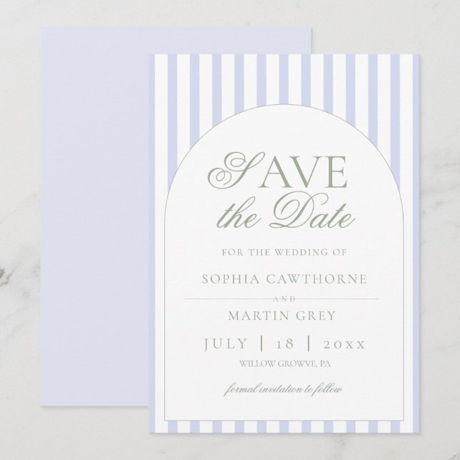 Save The Date Vert sauge & élégant classique rayé bleu  (Devant / Derrière)